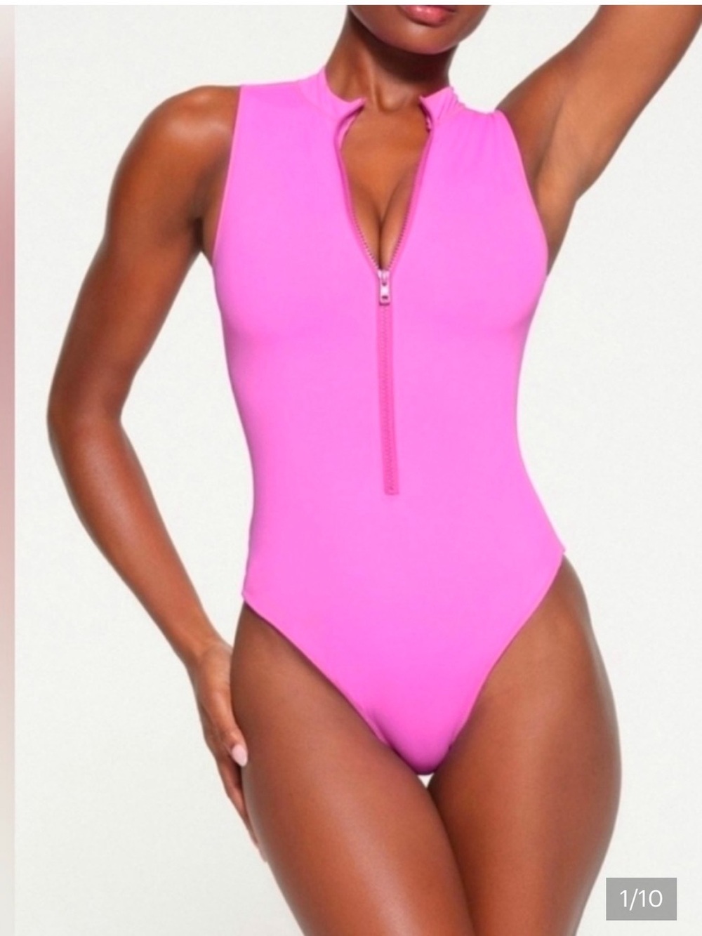 Skims Taffy Pink recycled swim zip front sleeveless One-Piece Swimsuit Large nwt